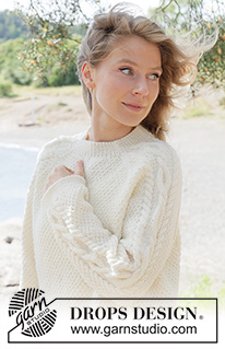 Moonshade Cable Sweater / DROPS 262-13 - Knitted jumper in DROPS Karisma or DROPS Lima. Piece is knitted top down with raglan, cables and double moss stitch. Size XS – XXXL.