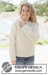 Moonshade Cable Sweater / DROPS 262-13 - Knitted jumper in DROPS Karisma or DROPS Lima. Piece is knitted top down with raglan, cables and double moss stitch. Size XS – XXXL.