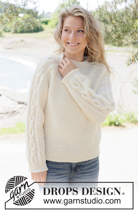 Moonshade Cable Sweater / DROPS 262-13 - Knitted jumper in DROPS Karisma or DROPS Lima. Piece is knitted top down with raglan, cables and double moss stitch. Size XS – XXXL.