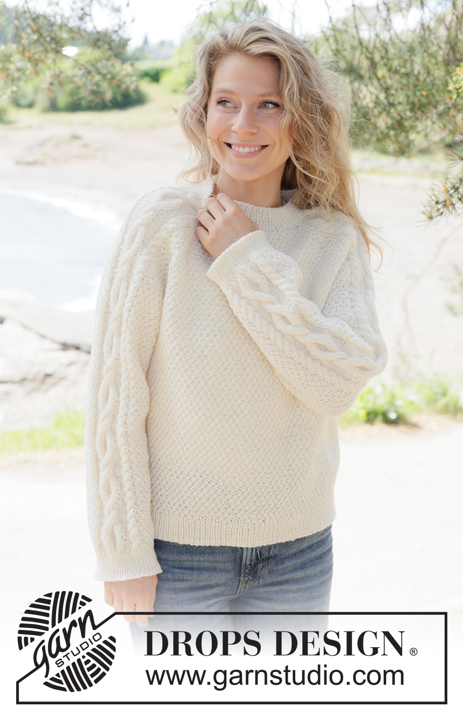Moonshade Cable Sweater / DROPS 262-13 - Knitted jumper in DROPS Karisma or DROPS Lima. Piece is knitted top down with raglan, cables and double moss stitch. Size XS – XXXL.