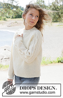Moonshade Cable Sweater / DROPS 262-13 - Knitted jumper in DROPS Karisma or DROPS Lima. Piece is knitted top down with raglan, cables and double moss stitch. Size XS – XXXL.