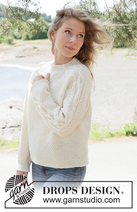 Moonshade Cable Sweater / DROPS 262-13 - Knitted jumper in DROPS Karisma or DROPS Lima. Piece is knitted top down with raglan, cables and double moss stitch. Size XS – XXXL.