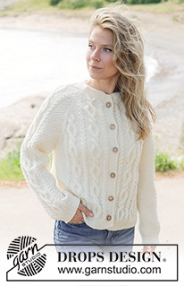 Snowbound Romance Cardigan / DROPS 262-14 - Knitted jacket in DROPS Karisma or DROPS Lima. Piece is knitted top down with raglan, I-cord, cables and double moss stitch. Size XS – XXXL.