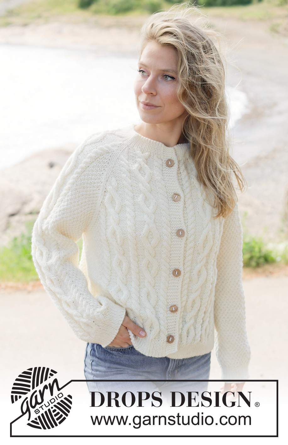 Snowbound Romance Cardigan / DROPS 262-14 - Knitted jacket in DROPS Karisma or DROPS Lima. Piece is knitted top down with raglan, I-cord, cables and double moss stitch. Size XS – XXXL.