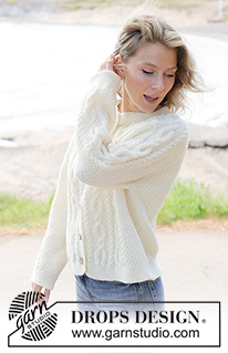 Snowbound Romance Cardigan / DROPS 262-14 - Knitted jacket in DROPS Karisma or DROPS Lima. Piece is knitted top down with raglan, I-cord, cables and double moss stitch. Size XS – XXXL.