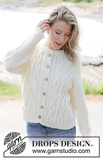 Snowbound Romance Cardigan / DROPS 262-14 - Knitted jacket in DROPS Karisma or DROPS Lima. Piece is knitted top down with raglan, I-cord, cables and double moss stitch. Size XS – XXXL.