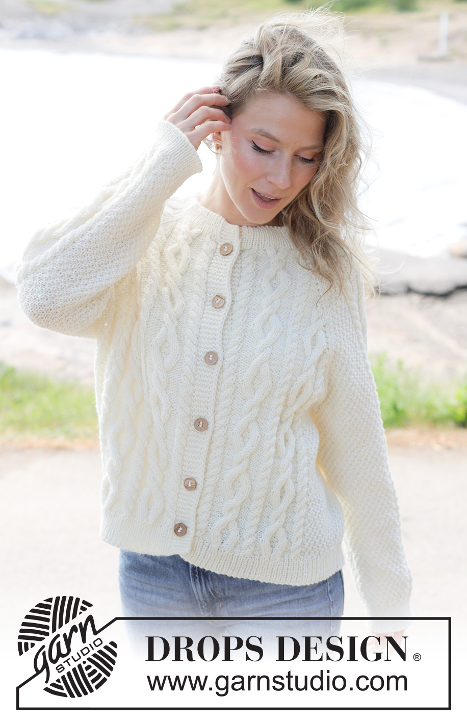 Snowbound Romance Cardigan / DROPS 262-14 - Knitted jacket in DROPS Karisma or DROPS Lima. Piece is knitted top down with raglan, I-cord, cables and double moss stitch. Size XS – XXXL.