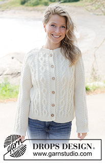 Snowbound Romance Cardigan / DROPS 262-14 - Knitted jacket in DROPS Karisma or DROPS Lima. Piece is knitted top down with raglan, I-cord, cables and double moss stitch. Size XS – XXXL.