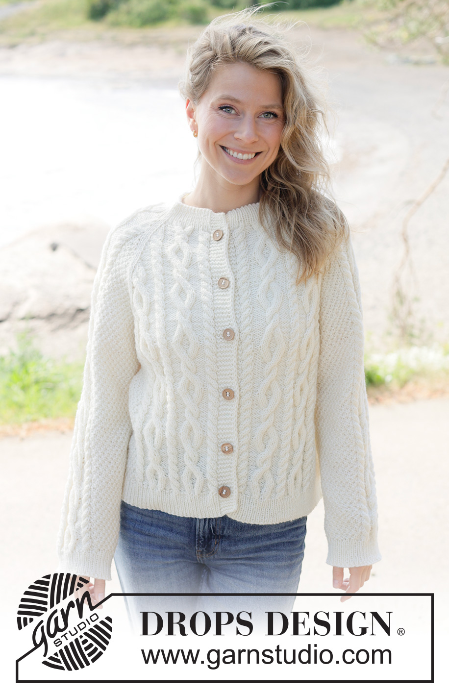 Snowbound Romance Cardigan / DROPS 262-14 - Knitted jacket in DROPS Karisma or DROPS Lima. Piece is knitted top down with raglan, I-cord, cables and double moss stitch. Size XS – XXXL.