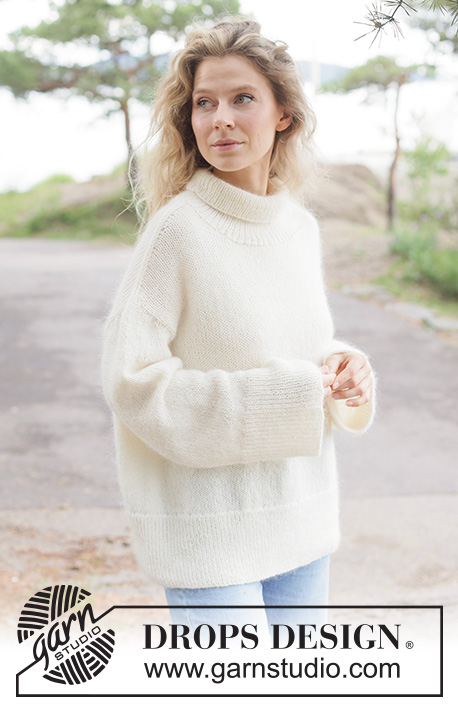 Winter Meringue Sweater / DROPS 262-2 - Knitted oversized jumper in DROPS Nord and DROPS Kid-Silk. Piece is knitted bottom up, in stocking stitch with diagonal shoulders, high collar and I-cord. Size XS – XXXL.