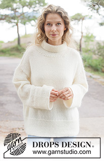 Winter Meringue Sweater / DROPS 262-2 - Knitted oversized jumper in DROPS Nord and DROPS Kid-Silk. Piece is knitted bottom up, in stocking stitch with diagonal shoulders, high collar and I-cord. Size XS – XXXL.