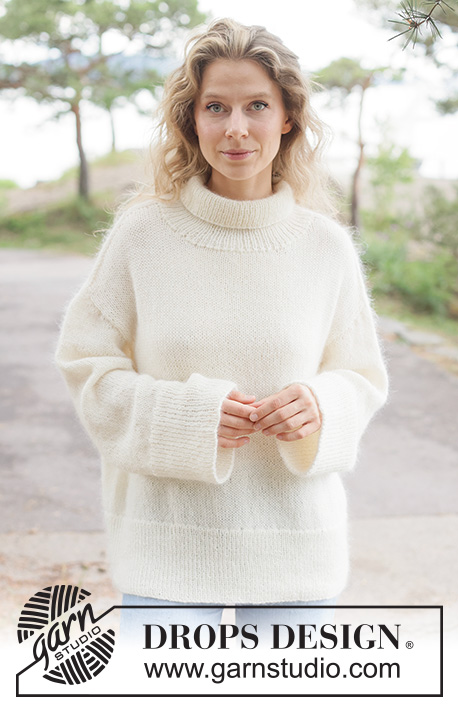 Winter Meringue Sweater / DROPS 262-2 - Knitted oversized jumper in DROPS Nord and DROPS Kid-Silk. Piece is knitted bottom up, in stocking stitch with diagonal shoulders, high collar and I-cord. Size XS – XXXL.