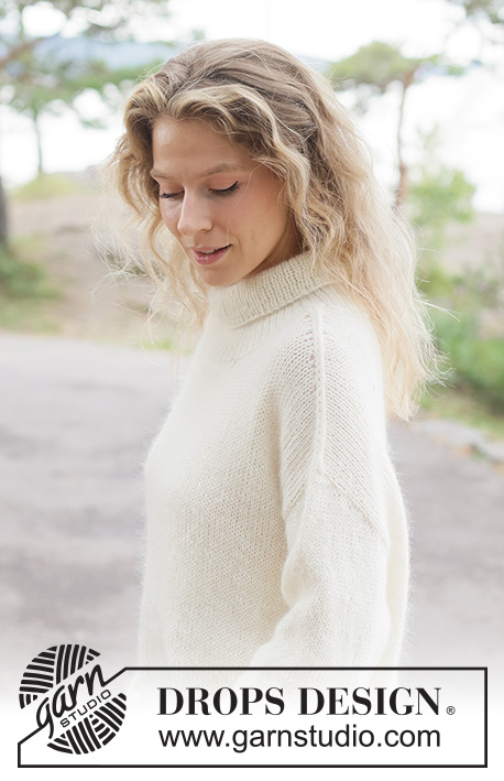 Winter Meringue Sweater / DROPS 262-2 - Knitted oversized jumper in DROPS Nord and DROPS Kid-Silk. Piece is knitted bottom up, in stocking stitch with diagonal shoulders, high collar and I-cord. Size XS – XXXL.