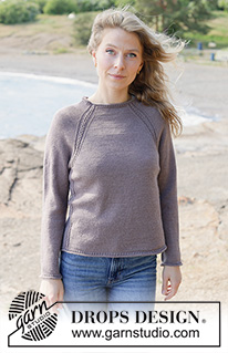 Sunday Mist Sweater / DROPS 262-20 - Sweter na drutach, przerabiany od góry do dołu, z włóczki DROPS BabyMerino. Z reglanowymi rękawami, ściegiem ażurowym i zwijającymi się brzegami. Od XS do XXXL.