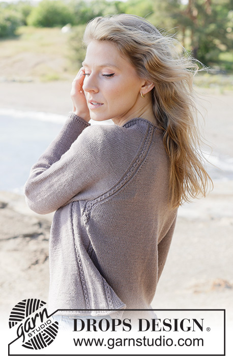 Sunday Mist Sweater / DROPS 262-20 - Sweter na drutach, przerabiany od góry do dołu, z włóczki DROPS BabyMerino. Z reglanowymi rękawami, ściegiem ażurowym i zwijającymi się brzegami. Od XS do XXXL.