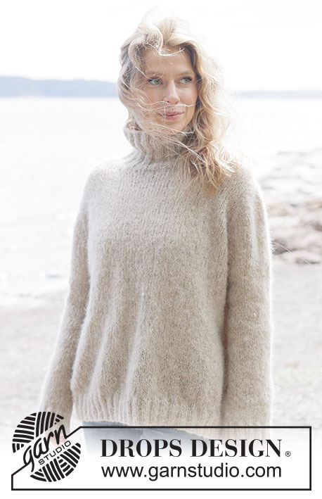 Frosted Oats Sweater / DROPS 262-24 - Gestrickter Pullover in 2 Fäden DROPS Brushed Alpaca Silk. Die Arbeit wird von oben nach unten mit europäischer Passe und hohem Kragen / Rollkragen gestrickt. Größe XS - XXXL.
