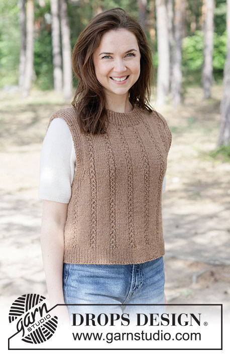 Maple Whisper Vest / DROPS 262-29 - Gebreide top in DROPS Lima of DROPS Merino Extra Fine. Het werk wordt van boven naar beneden gebreid met kantpatroon. Maten XS - XXXL.