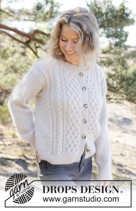 Snow Hive Cardigan / DROPS 262-31 - Knitted jacket in DROPS Nord and DROPS Kid-Silk or DROPS Alpaca and DROPS Kid-Silk. The piece is worked bottom up with honeycomb pattern, cables and I-cord. Sizes XS - XXXL.