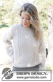 Snow Hive Sweater / DROPS 262-32 - Knitted jumper in DROPS Nord and DROPS Kid-Silk or DROPS Alpaca and DROPS Kid-Silk. The piece is worked bottom up with honeycomb pattern and cables. Sizes XS - XXXL.