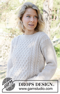 Snow Hive Sweater / DROPS 262-32 - Knitted jumper in DROPS Nord and DROPS Kid-Silk or DROPS Alpaca and DROPS Kid-Silk. The piece is worked bottom up with honeycomb pattern and cables. Sizes XS - XXXL.