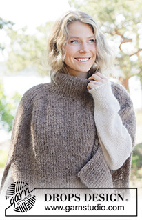Sheltering Cloud Poncho / DROPS 262-33 - Knitted poncho in 1 strand DROPS Alpaca Bouclé and 1 strand DROPS Brushed Alpaca Silk. The piece is worked top down in stocking stitch with saddle-shoulders, split in sides and I-cord. Sizes XS - XXXL.