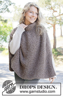 Sheltering Cloud Poncho / DROPS 262-33 - Knitted poncho in 1 strand DROPS Alpaca Bouclé and 1 strand DROPS Brushed Alpaca Silk. The piece is worked top down in stocking stitch with saddle-shoulders, split in sides and I-cord. Sizes XS - XXXL.