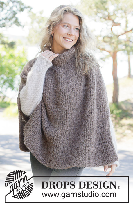 Sheltering Cloud Poncho / DROPS 262-33 - Knitted poncho in 1 strand DROPS Alpaca Bouclé and 1 strand DROPS Brushed Alpaca Silk. The piece is worked top down in stocking stitch with saddle-shoulders, split in sides and I-cord. Sizes XS - XXXL.