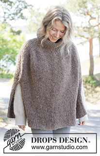 Sheltering Cloud Poncho / DROPS 262-33 - Knitted poncho in 1 strand DROPS Alpaca Bouclé and 1 strand DROPS Brushed Alpaca Silk. The piece is worked top down in stocking stitch with saddle-shoulders, split in sides and I-cord. Sizes XS - XXXL.
