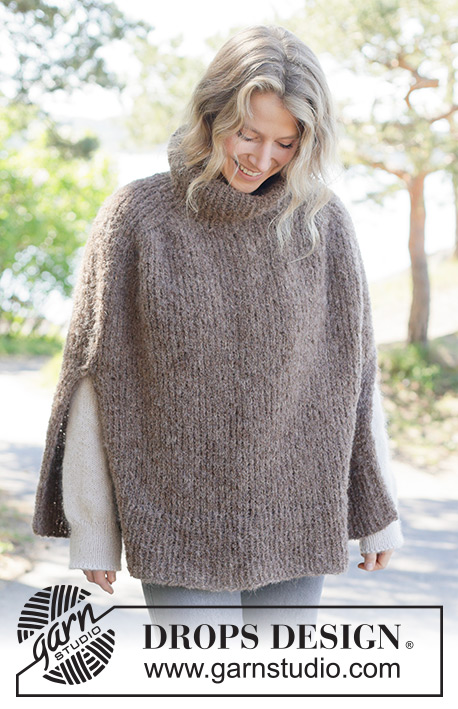 Sheltering Cloud Poncho / DROPS 262-33 - Knitted poncho in 1 strand DROPS Alpaca Bouclé and 1 strand DROPS Brushed Alpaca Silk. The piece is worked top down in stocking stitch with saddle-shoulders, split in sides and I-cord. Sizes XS - XXXL.