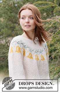 Chime Time Sweater / DROPS 262-37 - Sweter na drutach, przerabiany od góry do dołu, z włóczki DROPS Air. Przerabiany dżersejem, z zaokrąglonym karczkiem i żakardem w dzwoneczki. Od XS do XXXL. Temat: Boże Narodzenie.