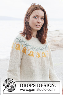 Chime Time Sweater / DROPS 262-37 - Sweter na drutach, przerabiany od góry do dołu, z włóczki DROPS Air. Przerabiany dżersejem, z zaokrąglonym karczkiem i żakardem w dzwoneczki. Od XS do XXXL. Temat: Boże Narodzenie.