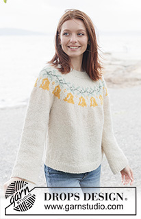 Chime Time Sweater / DROPS 262-37 - Sweter na drutach, przerabiany od góry do dołu, z włóczki DROPS Air. Przerabiany dżersejem, z zaokrąglonym karczkiem i żakardem w dzwoneczki. Od XS do XXXL. Temat: Boże Narodzenie.