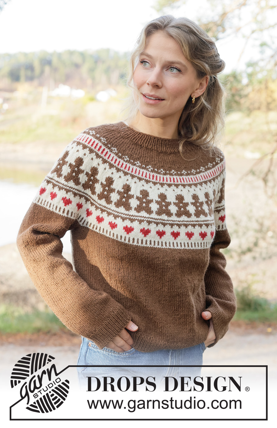 Cookie Parade Sweater / DROPS 262-38 - Pulovr s kruhovým sedlem, motivem perníčků a srdíček pletený shora dolů z příze DROPS Lima. Velikost S - XXXL.