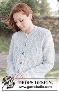 Stone Veil Cardigan / DROPS 263-10 - Knitted jacket in DROPS Soft Tweed and DROPS Kid-Silk. Piece is knitted top down with diagonal shoulders / European shoulders, double moss stitch and I-cord. Size XS – XXXL.