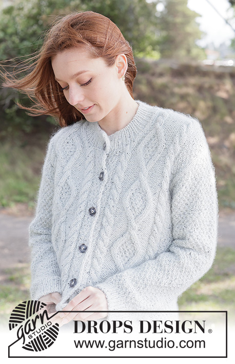 Stone Veil Cardigan / DROPS 263-10 - Knitted jacket in DROPS Soft Tweed and DROPS Kid-Silk. Piece is knitted top down with diagonal shoulders / European shoulders, double moss stitch and I-cord. Size XS – XXXL.