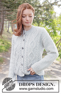 Stone Veil Cardigan / DROPS 263-10 - Knitted jacket in DROPS Soft Tweed and DROPS Kid-Silk. Piece is knitted top down with diagonal shoulders / European shoulders, double moss stitch and I-cord. Size XS – XXXL.