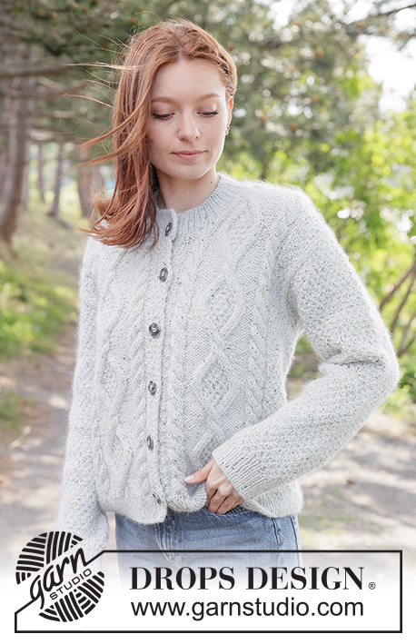 Stone Veil Cardigan / DROPS 263-10 - Knitted jacket in DROPS Soft Tweed and DROPS Kid-Silk. Piece is knitted top down with diagonal shoulders / European shoulders, double moss stitch and I-cord. Size XS – XXXL.