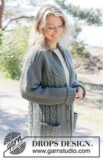 Finnley Cardigan / DROPS 263-13 - Longue veste tricotée de bas en haut, en DROPS Lima ou en DROPS Karisma. Se tricote avec manches montées, torsades, double point de riz, poches et col châle. Du XS au XXXL.