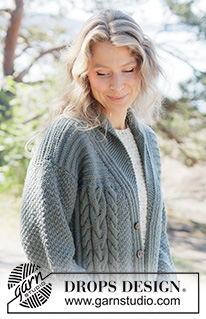 Finnley Cardigan / DROPS 263-13 - Longue veste tricotée de bas en haut, en DROPS Lima ou en DROPS Karisma. Se tricote avec manches montées, torsades, double point de riz, poches et col châle. Du XS au XXXL.