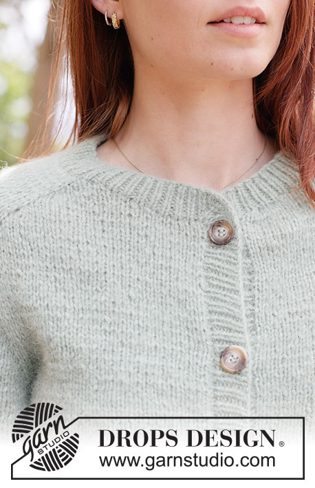 Pistachio Drift Cardigan / DROPS 263-15 - Strikket cardigan i DROPS Air. Arbejdet strikkes oppefra og ned i glatstrik med sadelskulder og opstrikket forkant. Størrelse XS - XXXL.