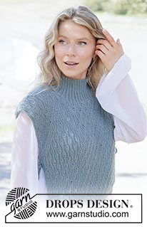 Sea Lace Vest / DROPS 263-18 - Gilet lavorato ai ferri in DROPS Alpaca. Lavorato dall’alto in basso con motivo in rilievo, collo alto e cordini ad I-cord. Taglie: XS - XXXL.