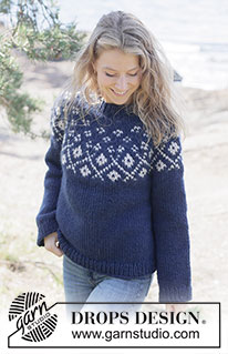 Midnight Flowers Sweater / DROPS 263-2 - Gebreide trui in DROPS Snow. Het werk wordt van boven naar beneden gebreid met ronde pas en gekleurd patroon. Maten XS - XXXL.