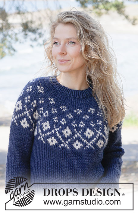 Midnight Flowers Sweater / DROPS 263-2 - Gebreide trui in DROPS Snow. Het werk wordt van boven naar beneden gebreid met ronde pas en gekleurd patroon. Maten XS - XXXL.
