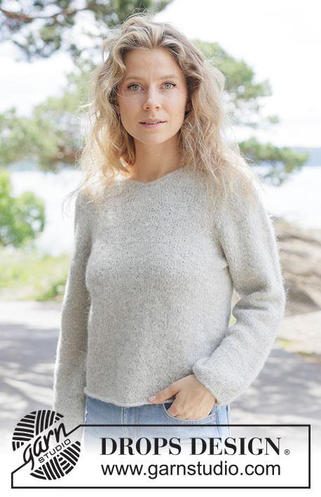 Soft Horizon Sweater / DROPS 263-20 - Knitted jumper in DROPS Brushed Alpaca Silk and DROPS Alpaca. The piece is worked top down in stocking stitch with European yoke, V-neck and I-cord. Sizes XS - XXXL.