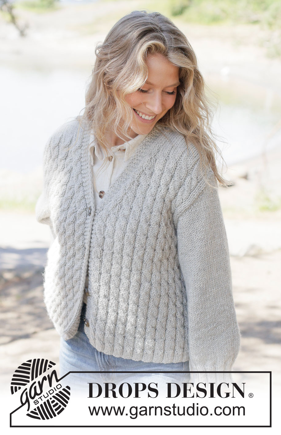 Soft Spire Cardigan / DROPS 263-27 - Knitted jacket in DROPS Nepal. The piece is worked bottom up with cables, V-neck and diagonal shoulders. Sizes XS - XXXL.