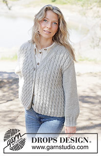 Soft Spire Cardigan / DROPS 263-27 - Knitted jacket in DROPS Nepal. The piece is worked bottom up with cables, V-neck and diagonal shoulders. Sizes XS - XXXL.
