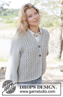 Soft Spire Cardigan / DROPS 263-27 - Knitted jacket in DROPS Nepal. The piece is worked bottom up with cables, V-neck and diagonal shoulders. Sizes XS - XXXL.