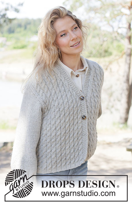 Soft Spire Cardigan / DROPS 263-27 - Knitted jacket in DROPS Nepal. The piece is worked bottom up with cables, V-neck and diagonal shoulders. Sizes XS - XXXL.