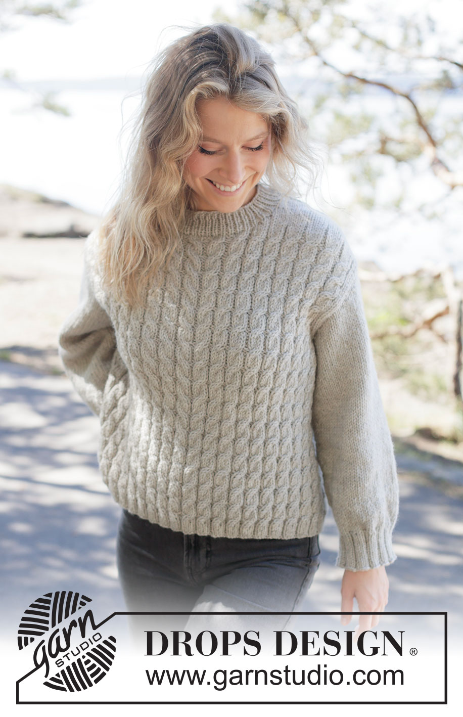 Soft Spire Sweater / DROPS 263-28 - Knitted jumper in DROPS Nepal. The piece is worked bottom up with cables and diagonal shoulders. Sizes XS - XXXL.