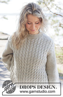 Soft Spire Sweater / DROPS 263-28 - Knitted jumper in DROPS Nepal. The piece is worked bottom up with cables and diagonal shoulders. Sizes XS - XXXL.